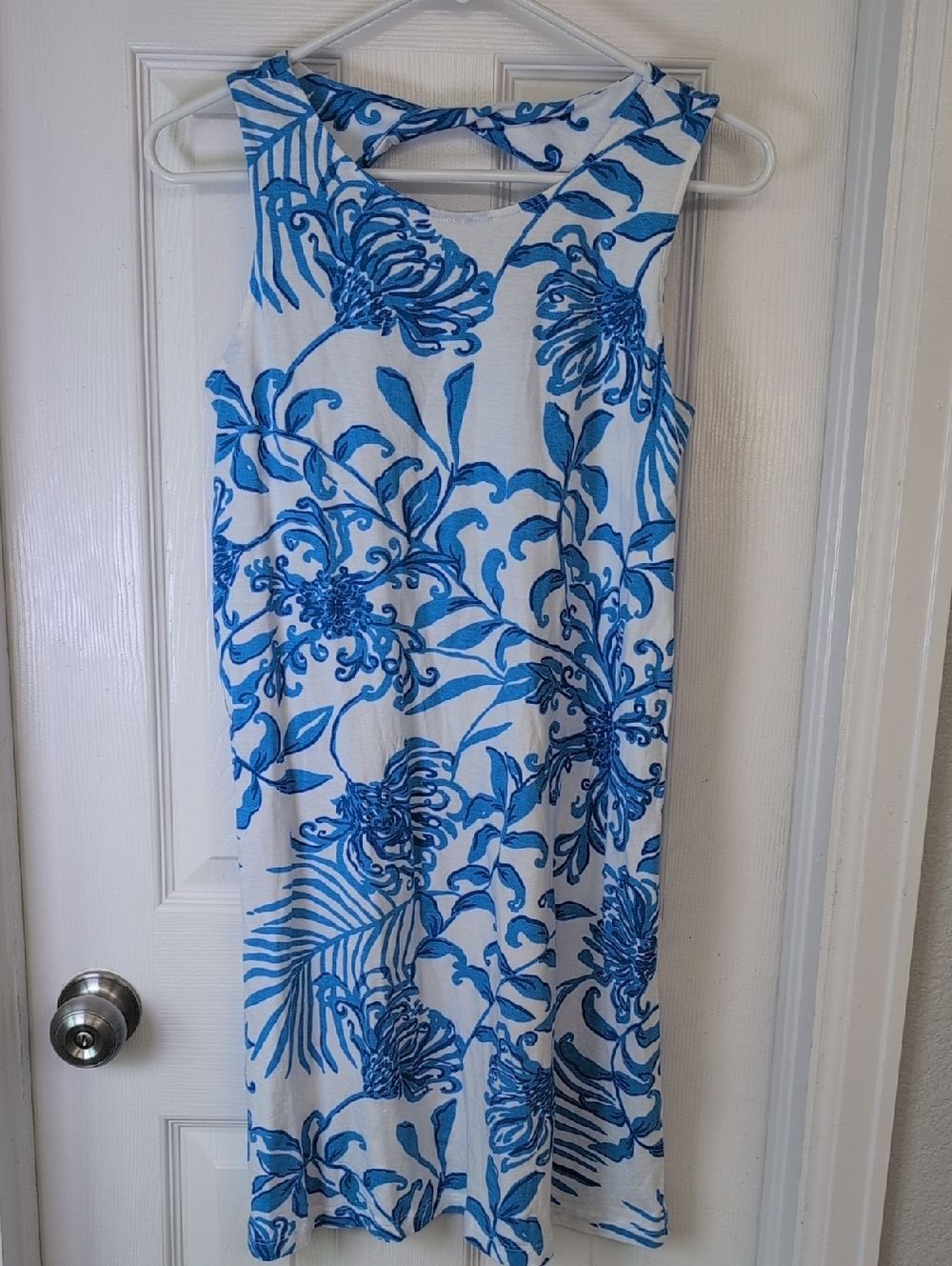 Lilly Pulitzer 100% Pima Cotton White Midi Dress with Blue Floral Motif